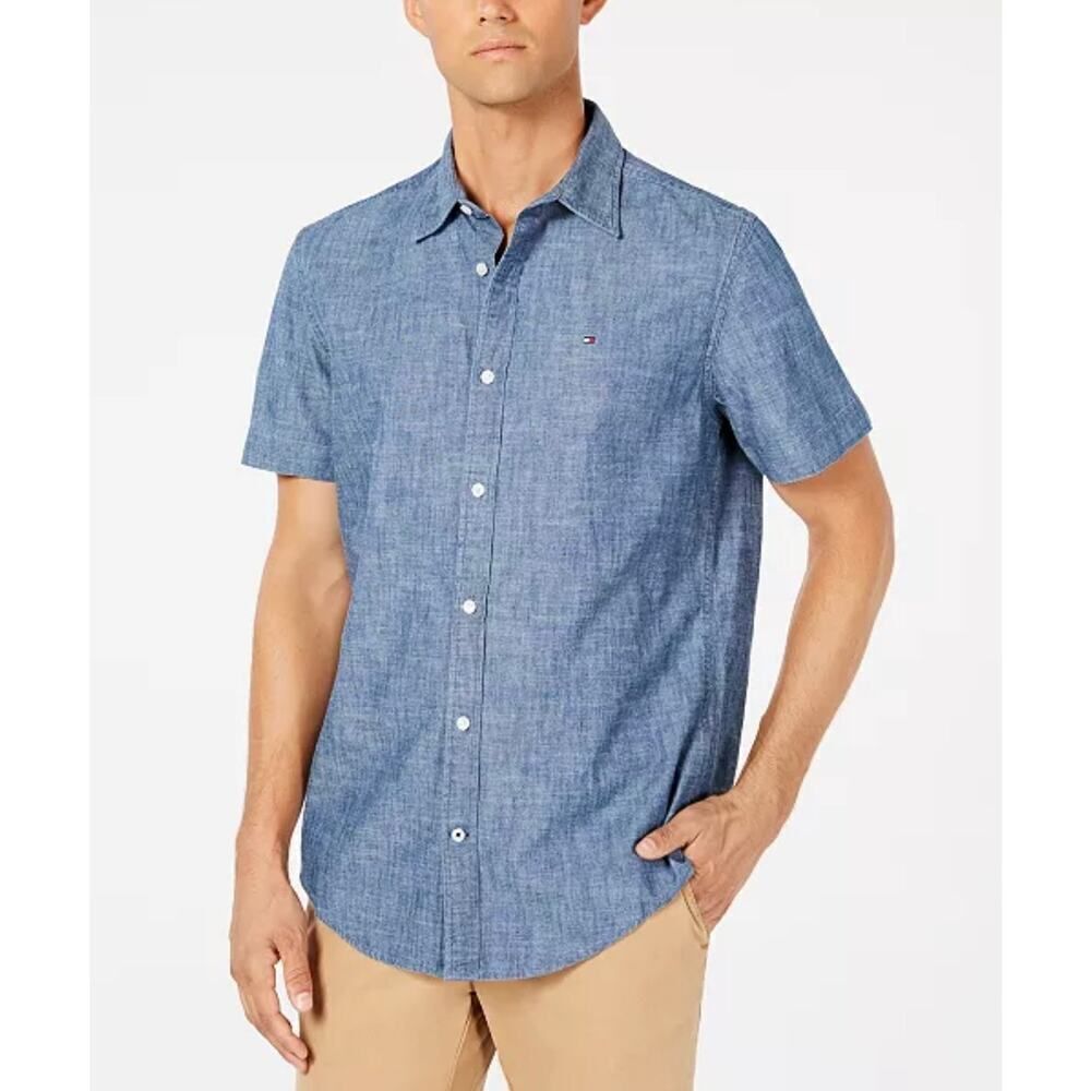 Tommy Hilfiger Custom-Fit Shirt Men's Large Blue Chambray Cotton Short Sleeve